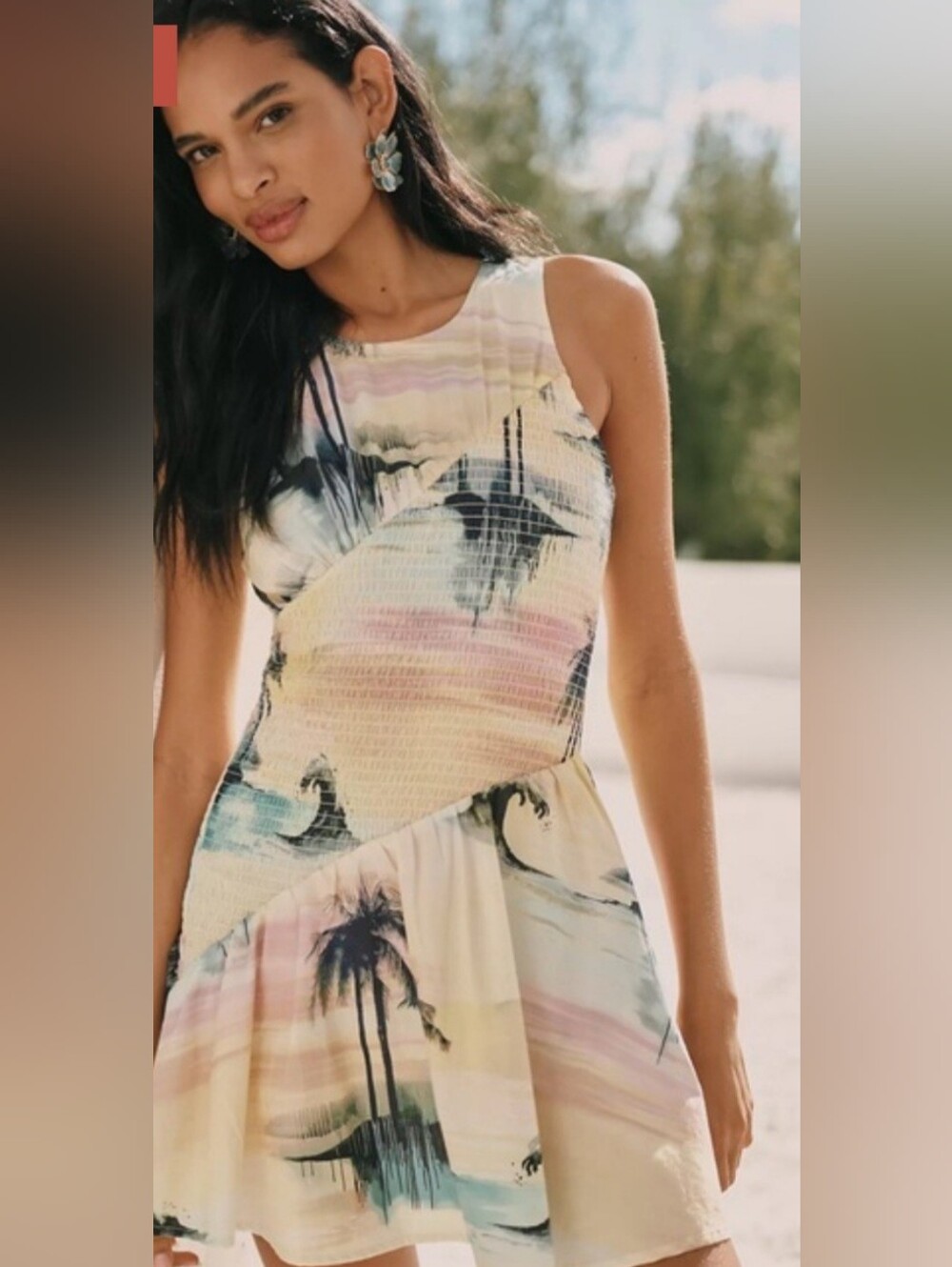 CELANDINE from ANTHROPOLOGIE Blue Crush Palm Print Mini Sun Dress – LARGE – NWT